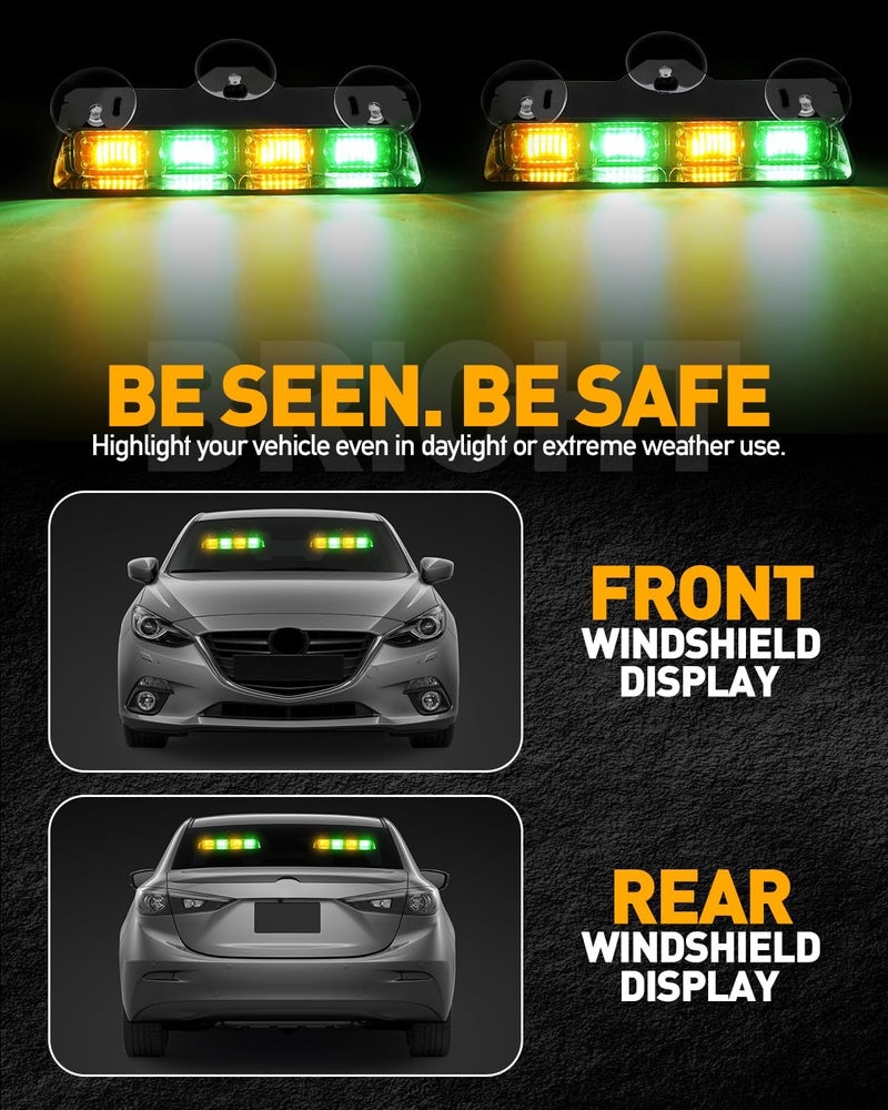 HLauto 2002L Emergency Dash Strobe Lights: Amber Green Safety Lights, Flashing Warning Hazard Windshield Visor Traffic Light Bars for Trucks, Construction Vehicles (2x8.5 inch, 48LED) - Image 3